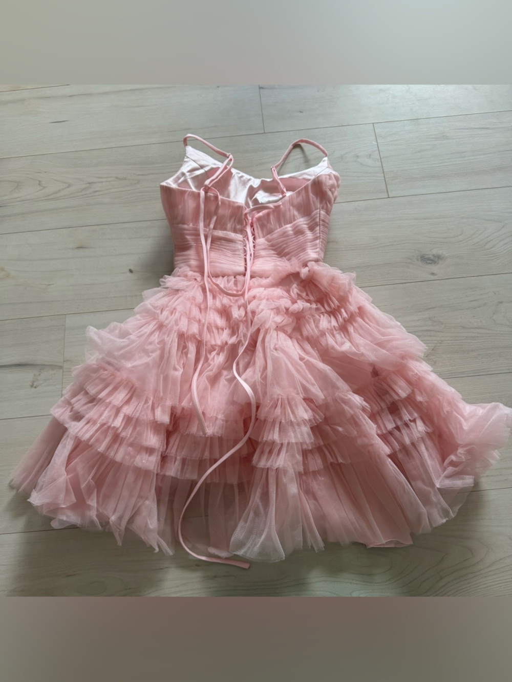 Eureka Pink Ruffle Tulle Mini Dress with Spaghetti Straps - Picture 3 of 3